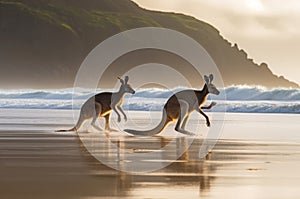 Australian kangaroos beach. Generate Ai