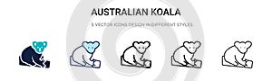 Australian koala icon in filled, thin line, outline and stroke style. Vector illustration of two colored and black australian