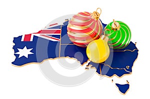 Australian map with colored Christmas balls. New Year and Christmas holidays concept, 3D rendering