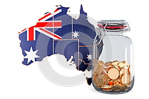 Australian map with glass jar full of golden coins, 3D rendering