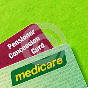 Australian Medicare and Pensioner Concession Cards over Vibrant Green Background