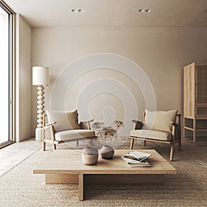 Australian minimalist concept of livingroom interior design with brown concrete floor and wicker armchair. Mockup wall