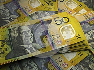 Australian money. Australian dollar banknotes. 50 AUD dollars bills