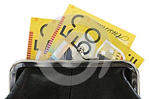 Australian Money in Purse over White Background