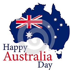 Australian national flag and map. Government symbol. Red, white and blue colors. 26 of January. Template for stickers, post cards