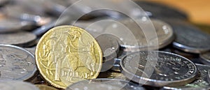 Australian One dollar close up stack coins cinematic crop photo