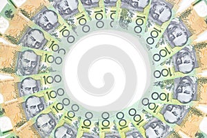 Australian one hundred dollar bills circle pattern on white back