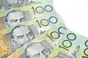 Australian one hundred dollar bills, finance, currency and business concept