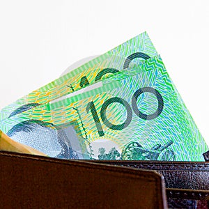 Australian one hundred dollar notes in a black leather wallet.