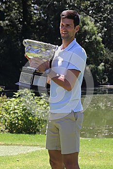 2019 Australian Open champion Novak Djokovic of Serbia posing with Australian Open trophy at Royal Botanic Garden Victoria