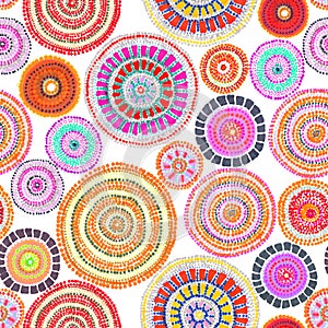 Australian ornament - circle and dots. Seamless background. Hand drawing