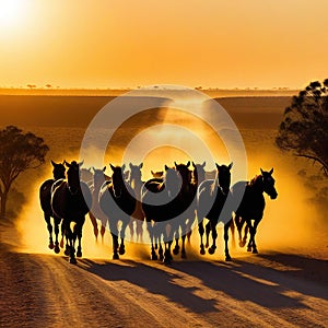 Australian outback landscape with on horse herding cattle along a dusty road at