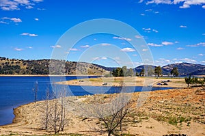 Australian outback landscape of lake and dry soil