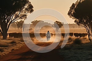 Australian outback landscape with a man on a horse herding cattle.