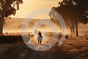 Australian outback landscape with a man on a horse herding cattle.