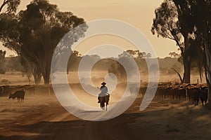 Australian outback landscape with a man on a horse herding cattle.