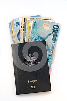 Australian passport with a stash of money sticking out