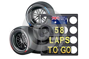 Australian racing, pit board with flag of Australia and racing wheels with different compounds type tyres. 3D rendering