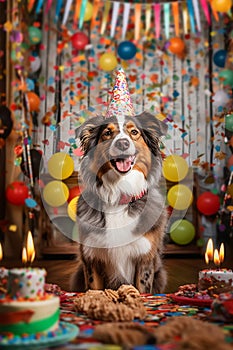 Australian Shepherd dog with a hat and birthday cake and candles.