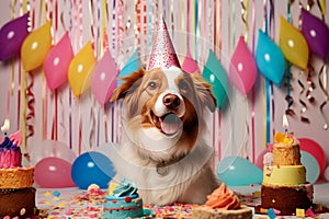 Australian shepherd dog with a hat and birthday cake and candles.