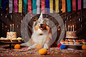 Australian Shepherd dog with a hat and birthday cake and candles.