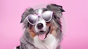 Australian Shepherd Dog With Heart Shaped Sunglasses. Generative AI