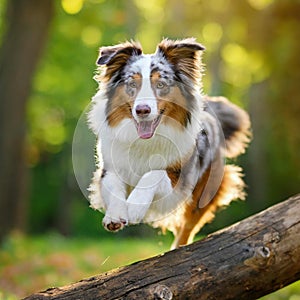 Australian Shepherd dog jumping over log