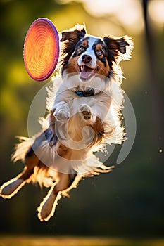 Australian shepherd dog jumping to catch flying disc