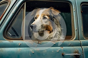 Australian shepherd dog looking out of the window of an old car.