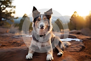 Australian shepherd dog, puppy lies, sits outdoor, looking at camera