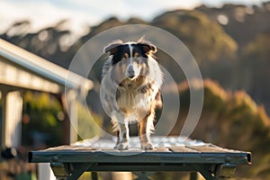 australian shepherd pausing on a pause table