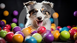 Australian Shepherd puppy with colorful balls. Playful pet on a black background.