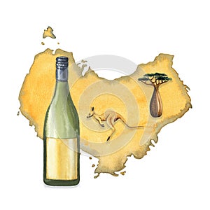 Australian wine composition with bottle, tree, kangaroo and Australia continent watercolour illustration clipart