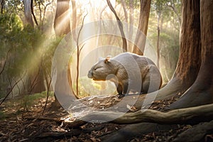 Australian wombat wandering through a sunlit forest