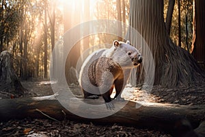 Australian wombat wandering through a sunlit forest