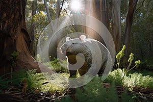 Australian wombat wandering through a sunlit forest