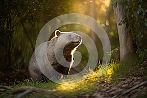 Australian wombat wandering through a sunlit forest