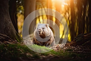 Australian wombat wandering through a sunlit forest