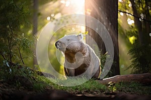 Australian wombat wandering through a sunlit forest