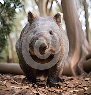 Australian wombat wandering through a sunlit forest