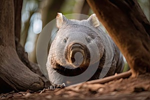 Australian wombat wandering through a sunlit forest