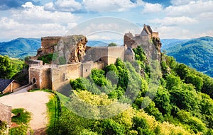 Austria castle - Aggstein ruin and Danube river at sunset in Wachau