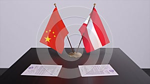 Austria and China flag. Politics concept, partner deal between countries. Partnership agreement of governments 3D