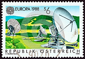 AUSTRIA - CIRCA 1988: A stamp printed in Austria from the `Europa. Telecommunications` issue shows Dish Aerials, Aflenz, circa 19