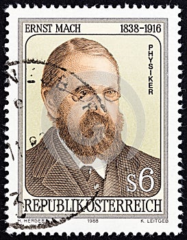 AUSTRIA - CIRCA 1988: A stamp printed in Austria shows physicist and philosopher Ernst Mach, circa 1988.