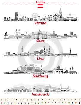 Austria cities panoramic cityscapes vector illustrations in black and white color palette