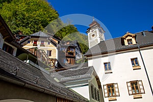 Austria. The city of Hallstatt, a beautiful, tourist city on the lake among the big mountains