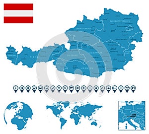 Austria - detailed blue country map with cities, regions, location on world map and globe. Infographic icons