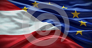 Austria and European Union flag background. Relationship between country government and EU. 3D illustration