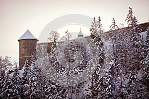 Austria, Hohenwerfen Castle walls in winter with snow